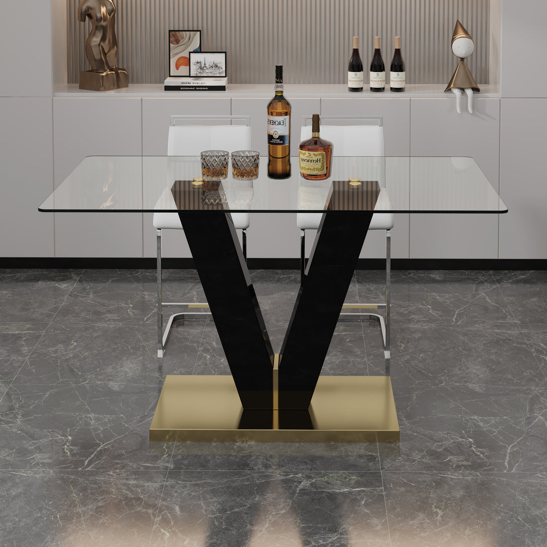 Table And Chair Set. A Rectangular Glass Dining Table With A 0.4 Inch Tempered Glass Tabletop And Mdf Board V Shaped Bracket, Paired With 2 Chairs Consisting Of Pu Seat Cushions And Silver Metal Legs. White Black Seats 2 Tempered Glass