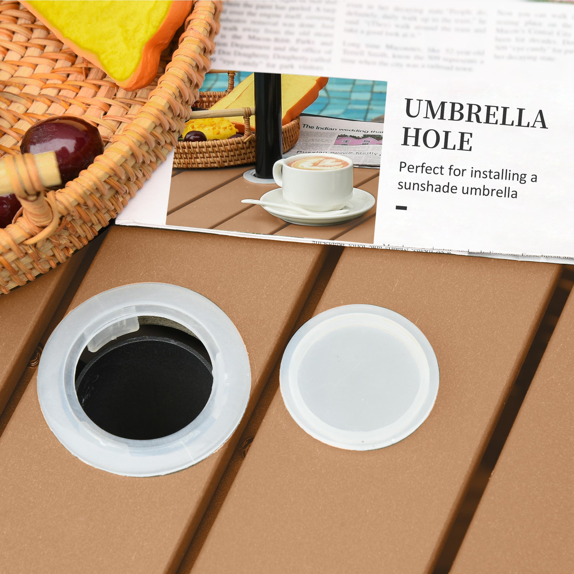 Outsunny 22'' Rattan Wicker Side Table With Steel Frame, Umbrella Insert Hole, Sand Bag For Outdoor, Patio, Garden, Backyard, Brown Brown Rattan