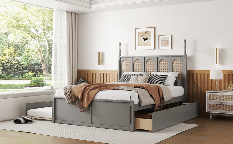 Queen Size Rattan Platform Bed With With 2 Big Drawers, T Size Trundle, Gray Queen Gray Plywood
