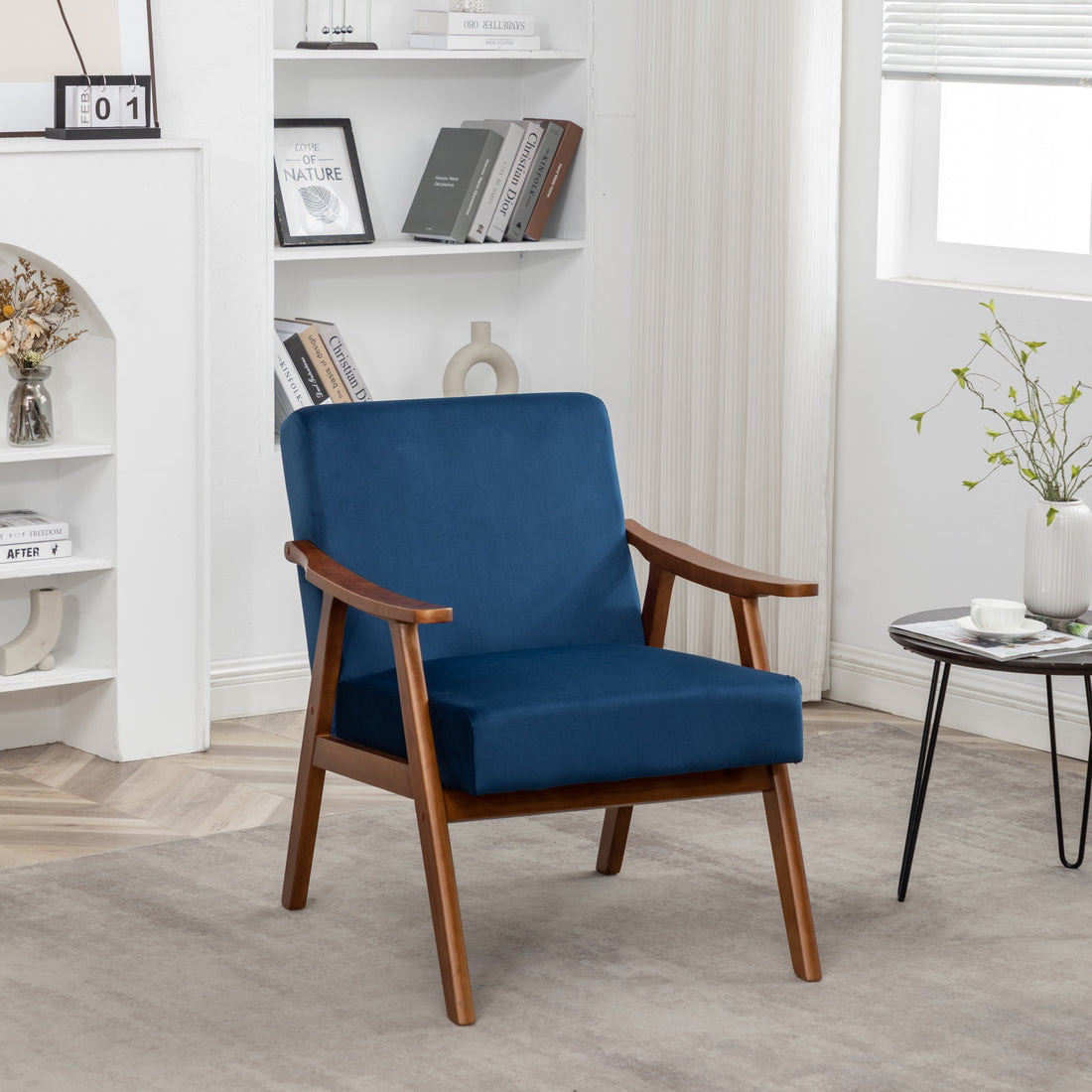 Accent Chair With Velvet Upholstery And Solid Wood Frame, Classic Mid Century Modern Living Room Furniture For Extra Seating, Dark Blue Dark Blue Velvet