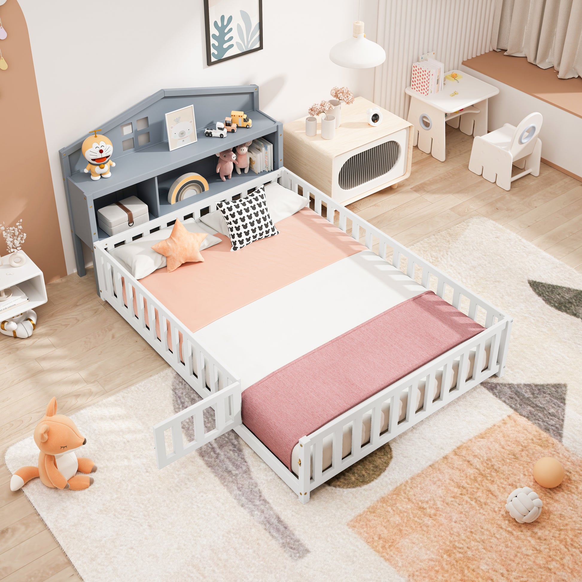 Headboard Storage Cabinet For Full Size Montessori Floor Bedgrey,Freely Collocation Grey Mdf