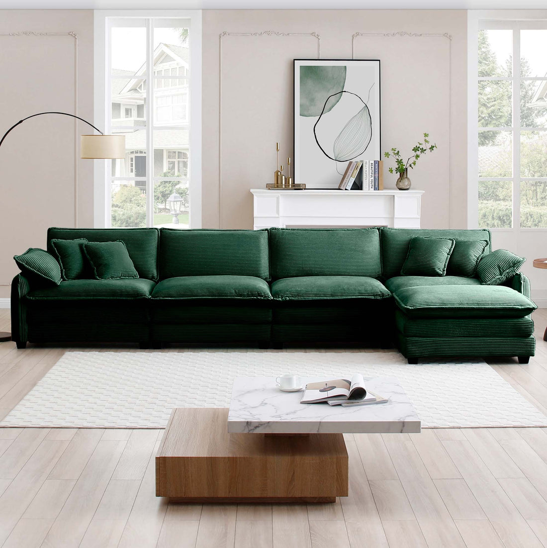Corduroy Sofa Modern Upholstered 4 Seater With With 1 Footstool Corduroy Fabric Sofaoffice Living Room Apartment Comfort Sofa, Easy To Assemble With 2 Arm Pillows And 4 Throw Pillows Green Corduroy 4 Seat