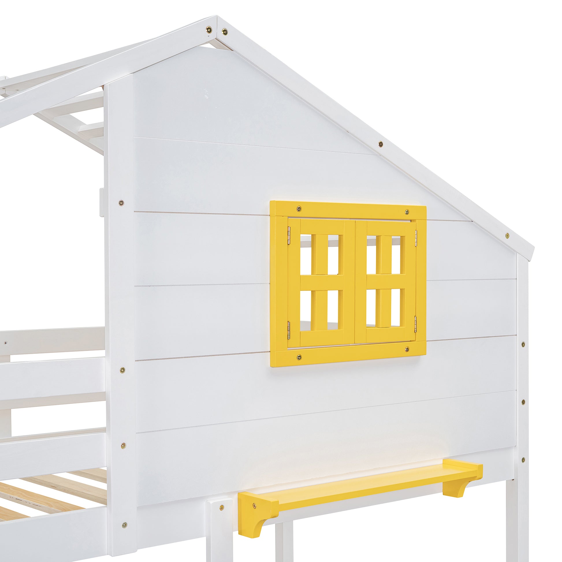 Twin Over Twin Bunk Bed With 2 Drawers, 1 Storage Box, 1 Shelf, Window And Roof White Old Sku:Lt001608Aak Twin White Solid Wood
