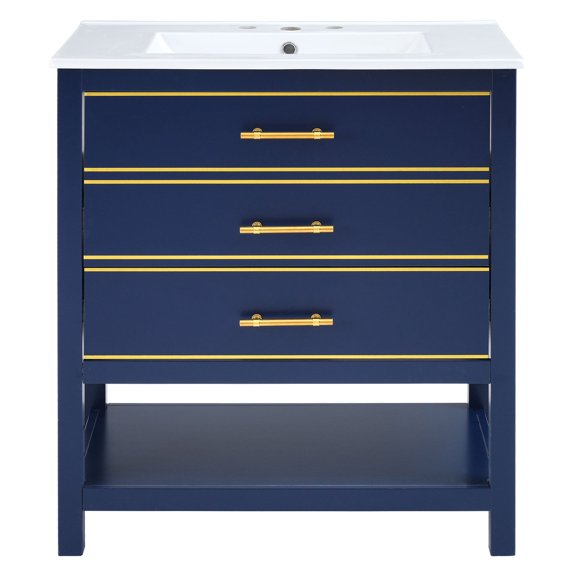 Viedo Modern 30Inch Navy Blue White Bathroom Vanity Cabinet Combo With Openstorge, Two Drawers Blue Bathroom Solid Wood Mdf