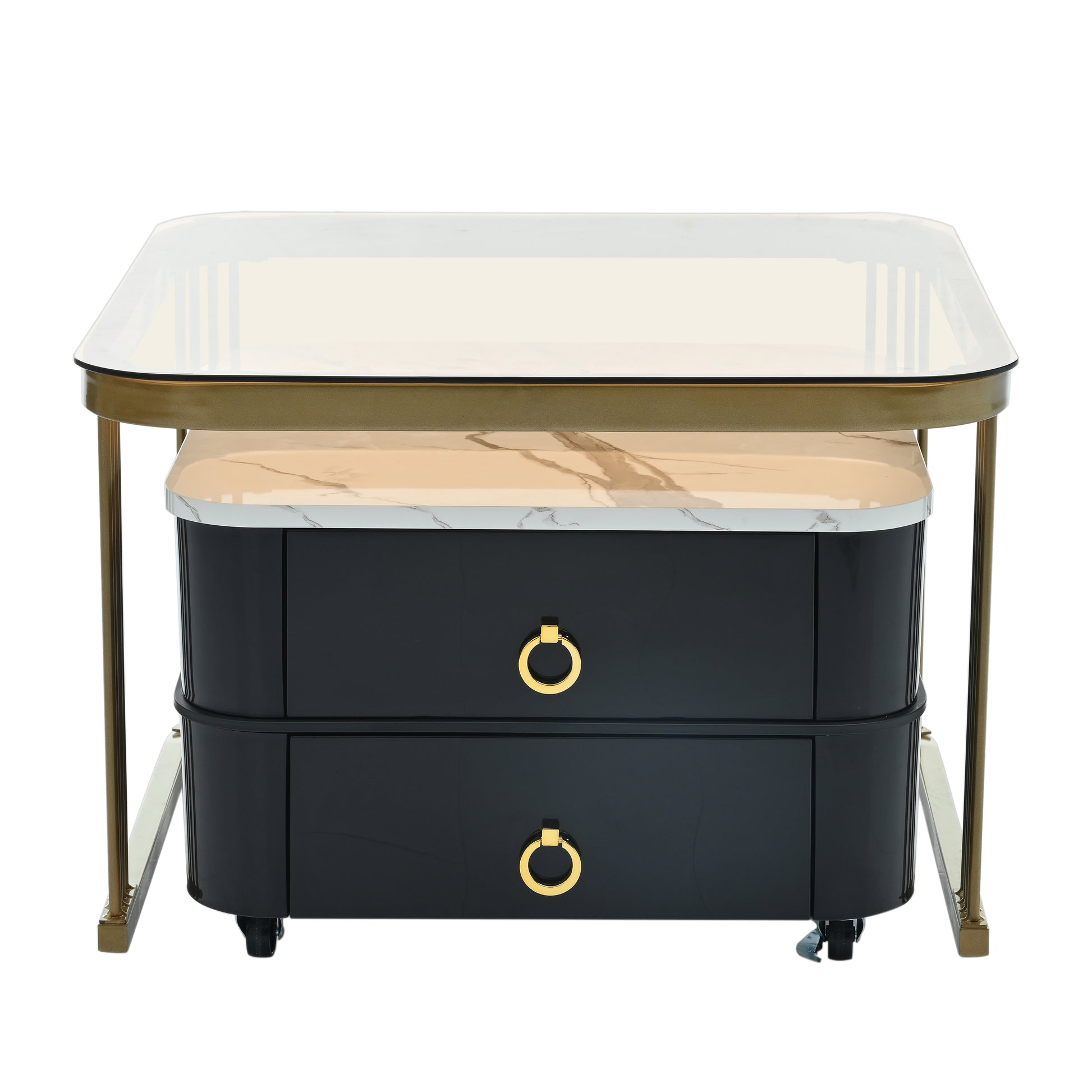 2 In 1 Square Nesting Coffee Table With Wheels & Drawers, Stackable Side Table With High Gloss Marble Grain Top, End Table Set With Brown Tempered Glass For Living Room, Black Black Gold Primary Living Space Drawers Square Mdf Steel