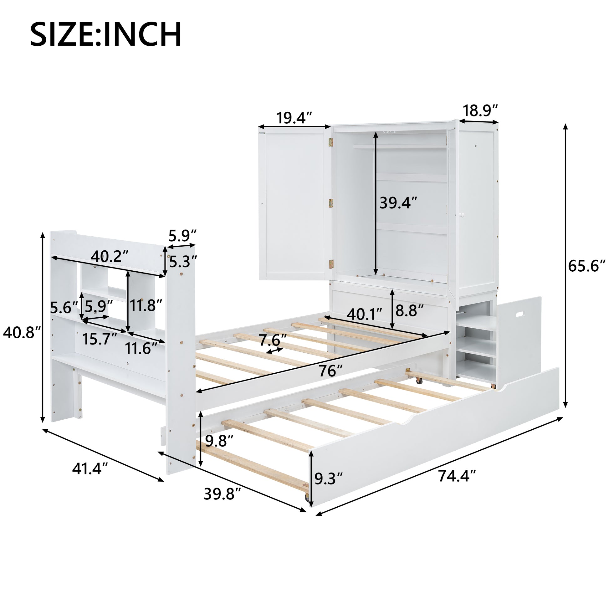 Twin Size Platform Bed With Storage Headboard And Footboard, Pull Out Shelves And Twin Size Trundle, White Box Spring Not Required Twin White Wood Bedroom Bed Frame Solid Wood Mdf