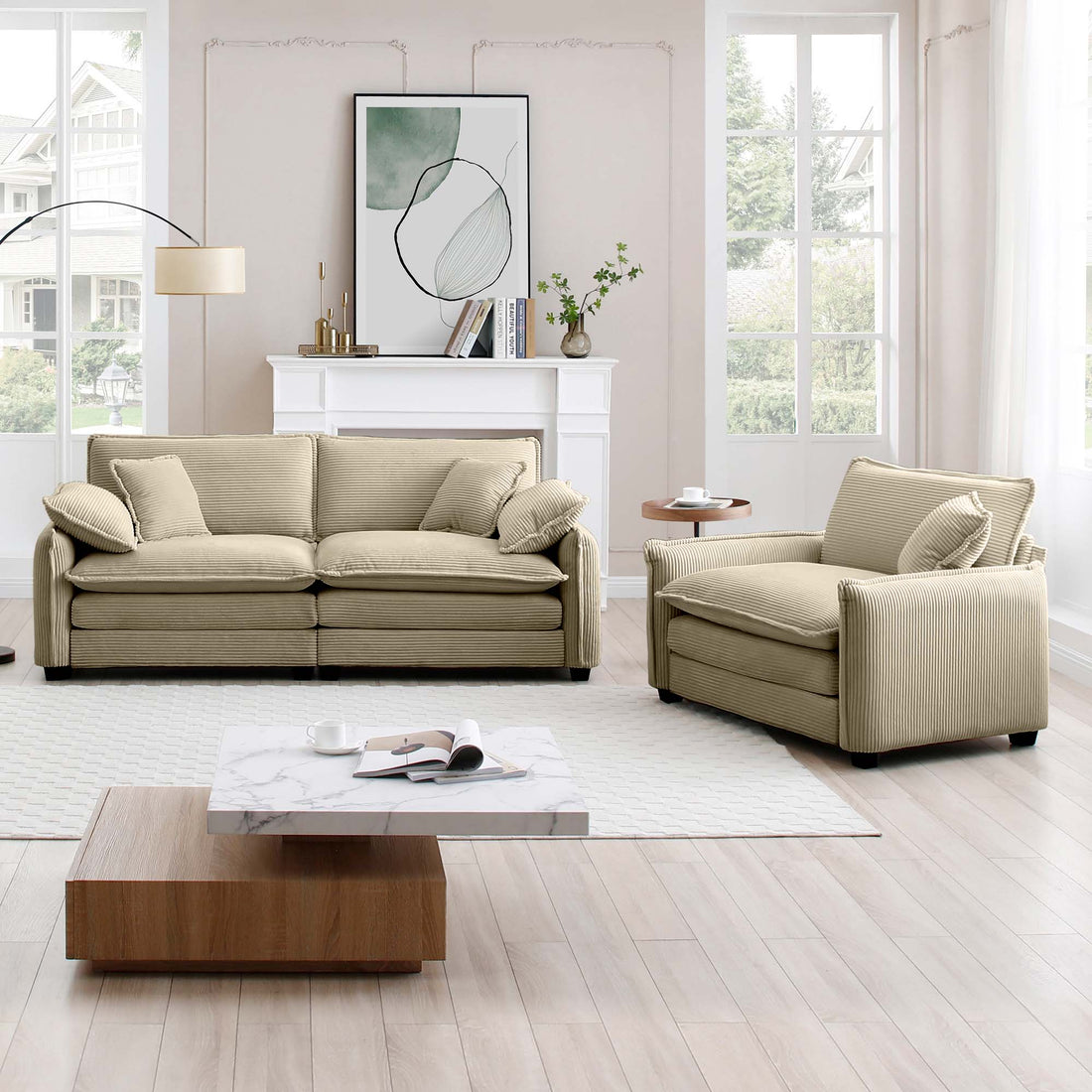 Modern Living Room Sofa Two Pieces Set, Suitable For Living Room And Small Apartment2 Pieces Sofa Set Consists Of A Single Seat Sofa And A 2 Seater Sofas,Tan Corduroy Tan Corduroy 3 Seat