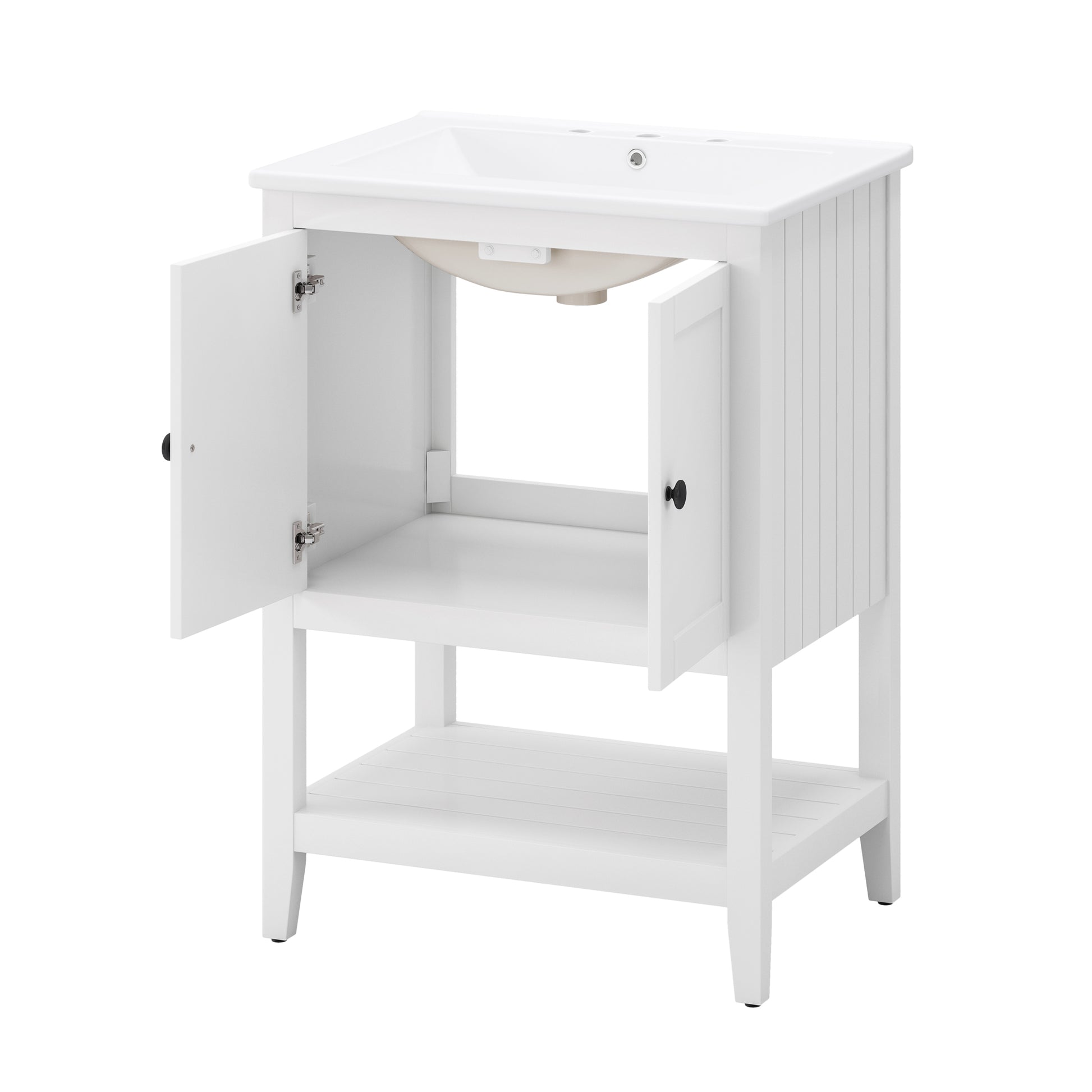 24" White Modern Sleek Bathroom Vanity Elegant Ceramic Sink With Solid Wood Frame Open Style Shelf White Solid Wood