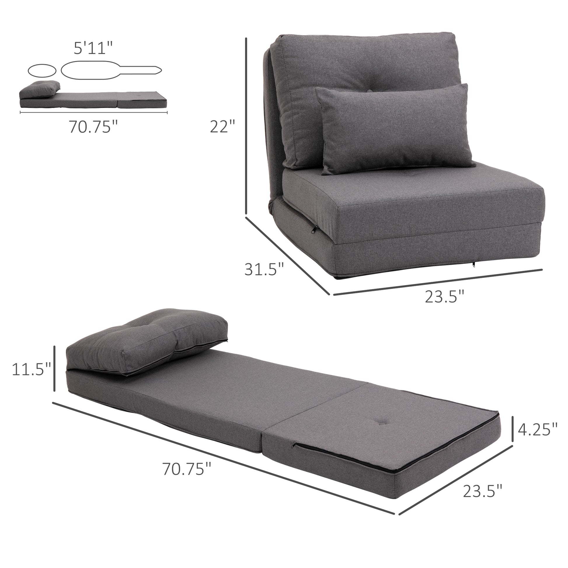 Homcom 2 In 1 Floor Lazy Sofa With 5 Position Adjustable Backrest, Dark Gray Dark Grey Linen