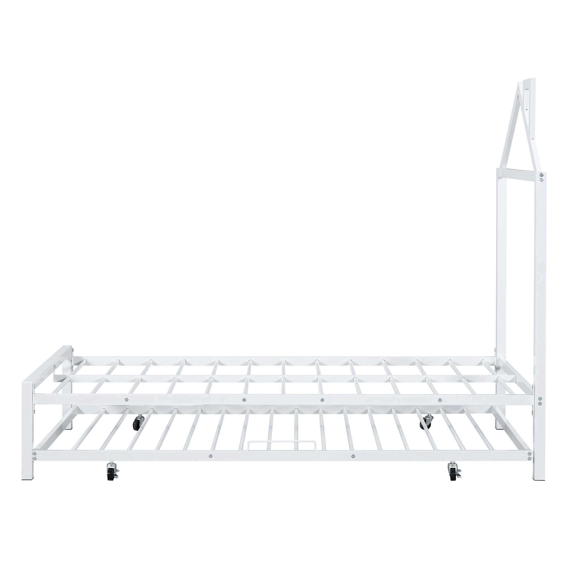 Twin Size Metal Platform Bed With Twin Size Trundle,House Shaped Headboard Design, White Twin White Metal