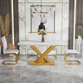 Table And Chair Set, The Table Is Equipped With A Marble Patterned Mdf Tabletop And Gold Table Legs.The Chair Is Equipped With Pu Synthetic Leather High Back Cushion And Gold Coated Metal Legs. Gold White Seats 4 Mdf Metal