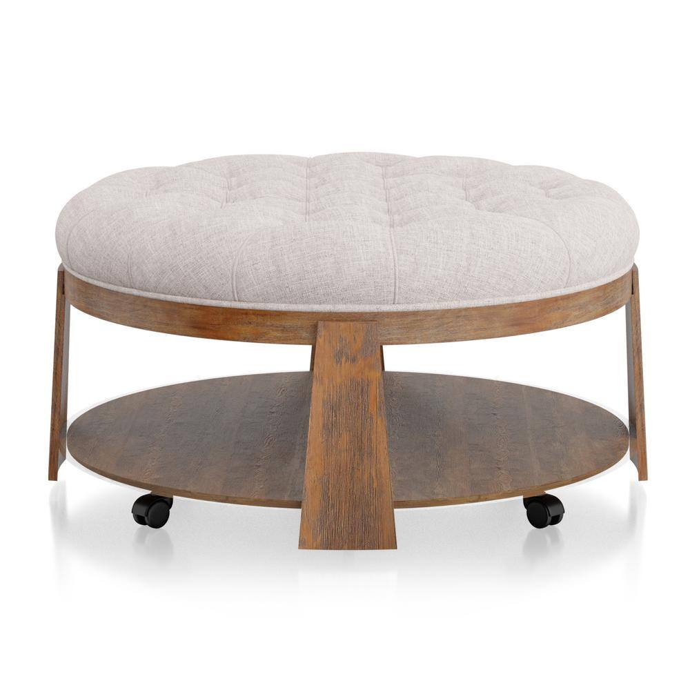 Wire Brushed Finish Natural Tone Beige 1Pc Ottoman Transitional Style Deep Button Linen Like Tufted Seat Open Bottom Shelf Living Room Beige Natural Linen Primary Living Space Beige Contemporary,Rustic,Transitional Rubberwood Round Tufted Solid Wood