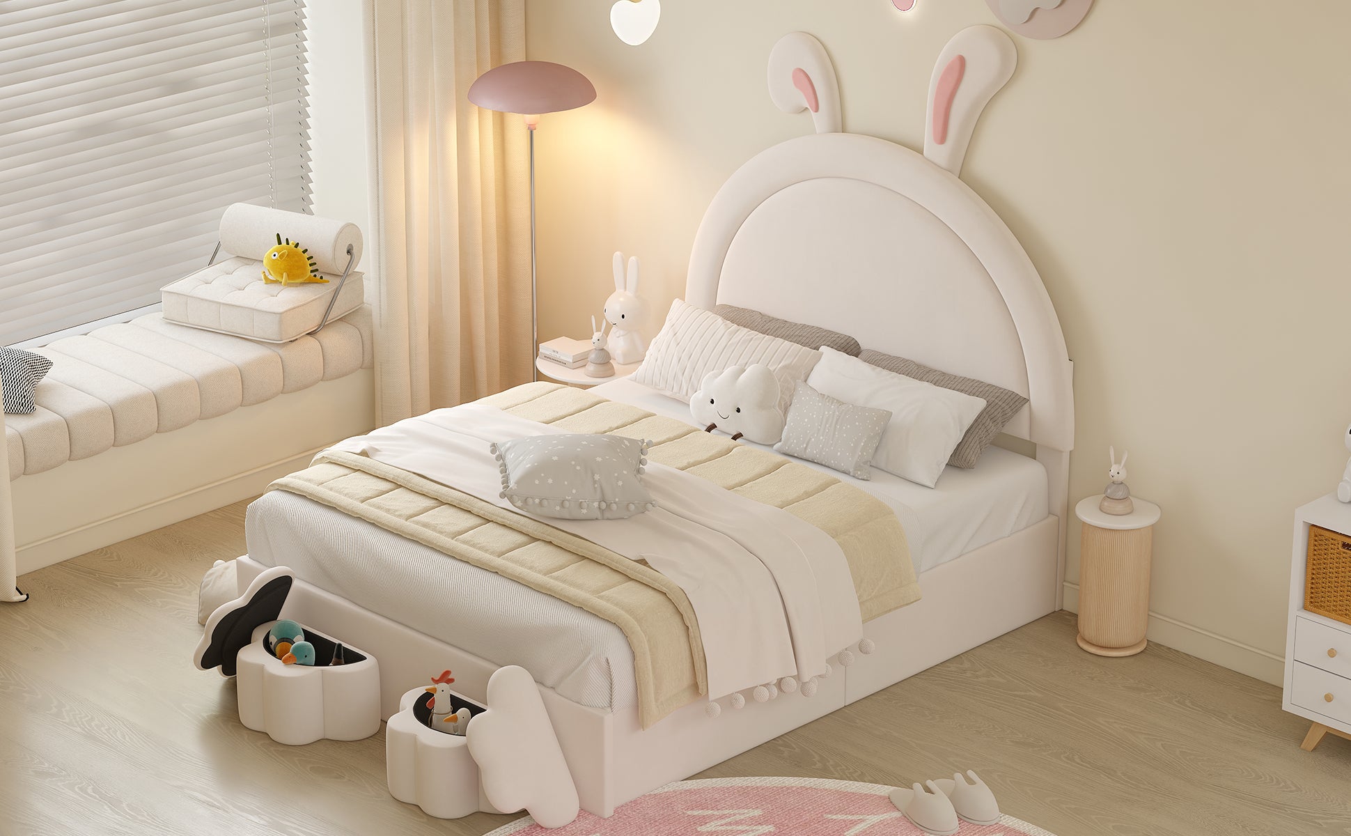 Full Size Upholstered Rabbit Shape Bed With 2 Storage Stools, Velvet Platform Bed With Cartoon Ears Shaped Headboard, White Full White Wood