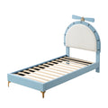 Twin Size Upholstered Platform Bed With Alarm Clock Shaped Headboard, Blue Box Spring Not Required Twin Blue Wood Bedroom Bed Frame Velvet Upholstered