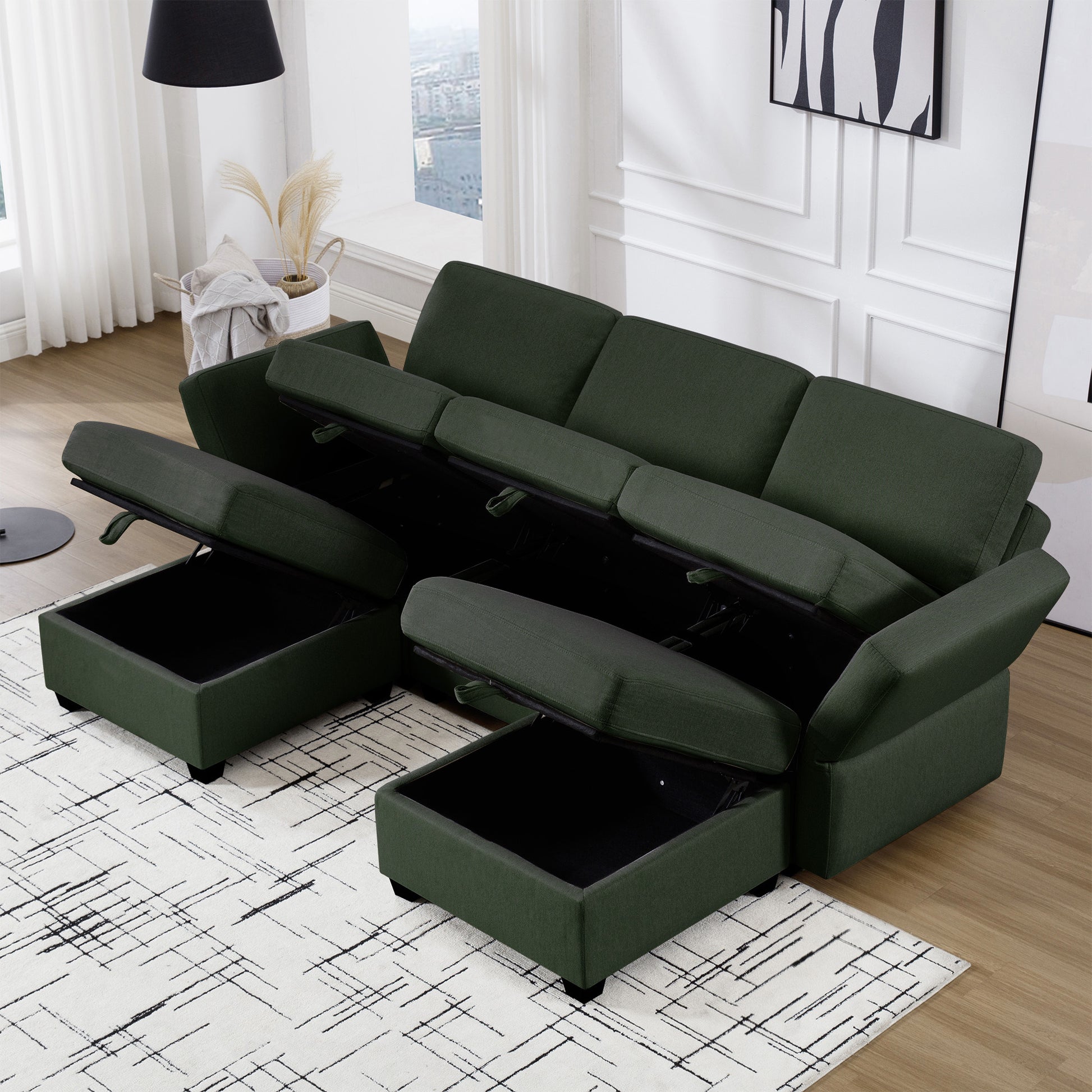Reversible Sectional Sofa Modern Modular Sectional Couch With Chaise U Shaped Corner Sectional 5 Seater Modular Sofa With Storage Seats, Adjustable Arms And Backs Green Green Polyester 3 Seat