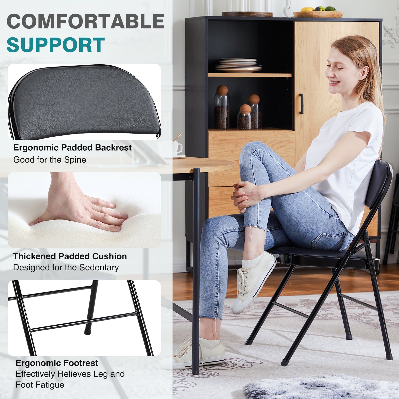 Folding Chair 2 Pack, Leather Padded Folding Chairs, Sturdy Metal Foldable Chairs, For Home, Office, Party, Black 4 Pack Black Stainless Steel