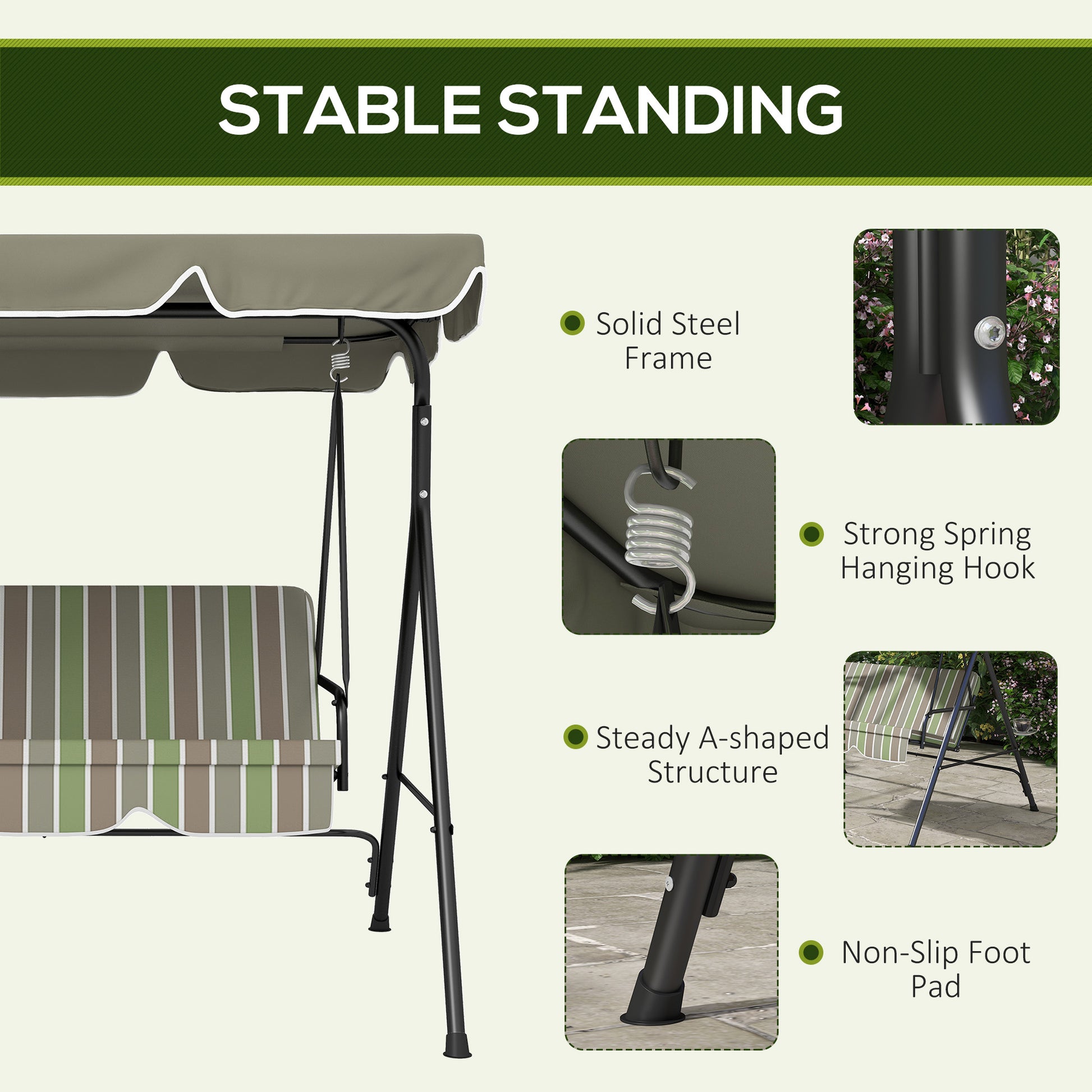 Outsunny 3 Seat Outdoor Patio Swing Chair With Removable Cushion, Steel Frame Stand And Adjustable Tilt Canopy For Patio, Garden, Poolside, Balcony, Backyard, Beige & Green Multicolor Steel