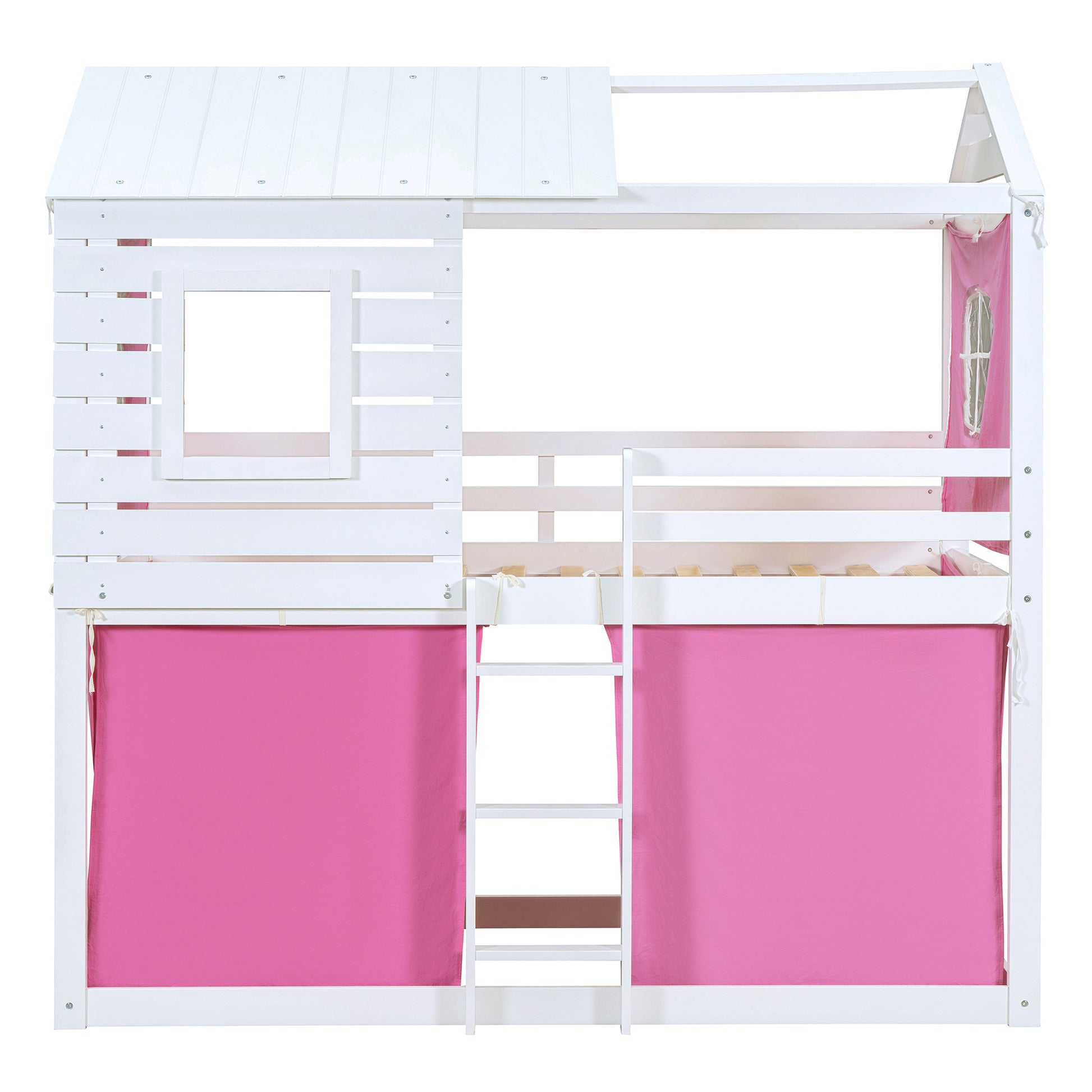 Twin Size Bunk Wood House Bed With Tent, Pink White Twin Pink White Solid Wood Mdf