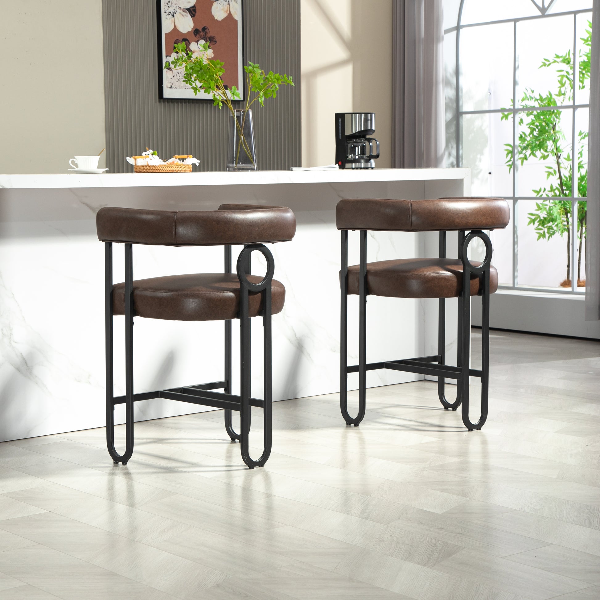 Coolmore Bar Stools Set Of 2, Modern Bar Stool With Back, Black Metal Frames, Upholstered Bar Stools For Kitchen Island, Pub, Club Dark Brown Pu Dark Brown Dining Room Foam Pu Leather