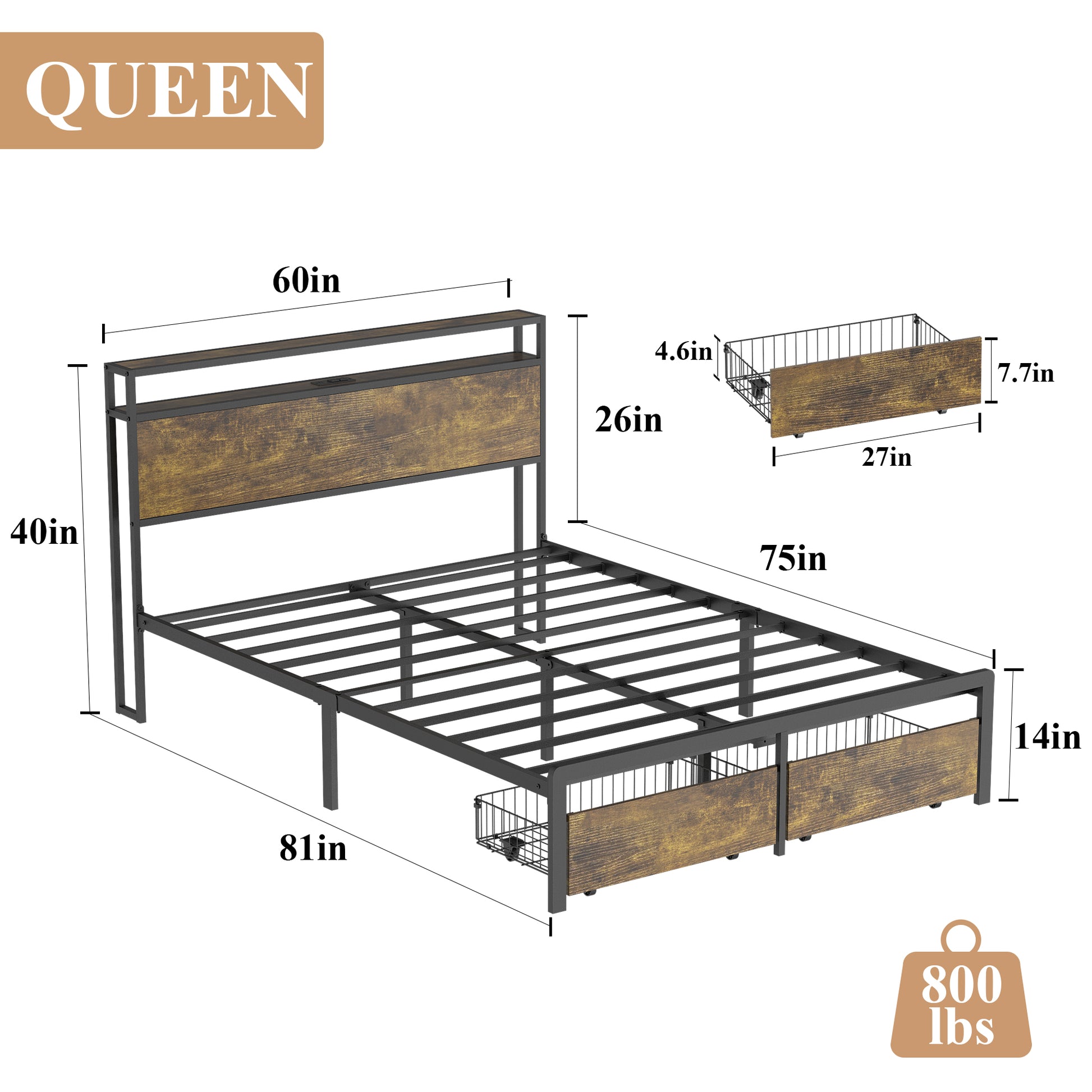Queen Bed Frame With Led Lights And Charging Station Robust Metal Wood Construction, Rustic Wood Platform Bed Frame With 2 Drawers, No Box Spring Needed, Noise Free, Vintage Brown, Easy Assemble Box Spring Not Required Queen Black Brown Metal Brown