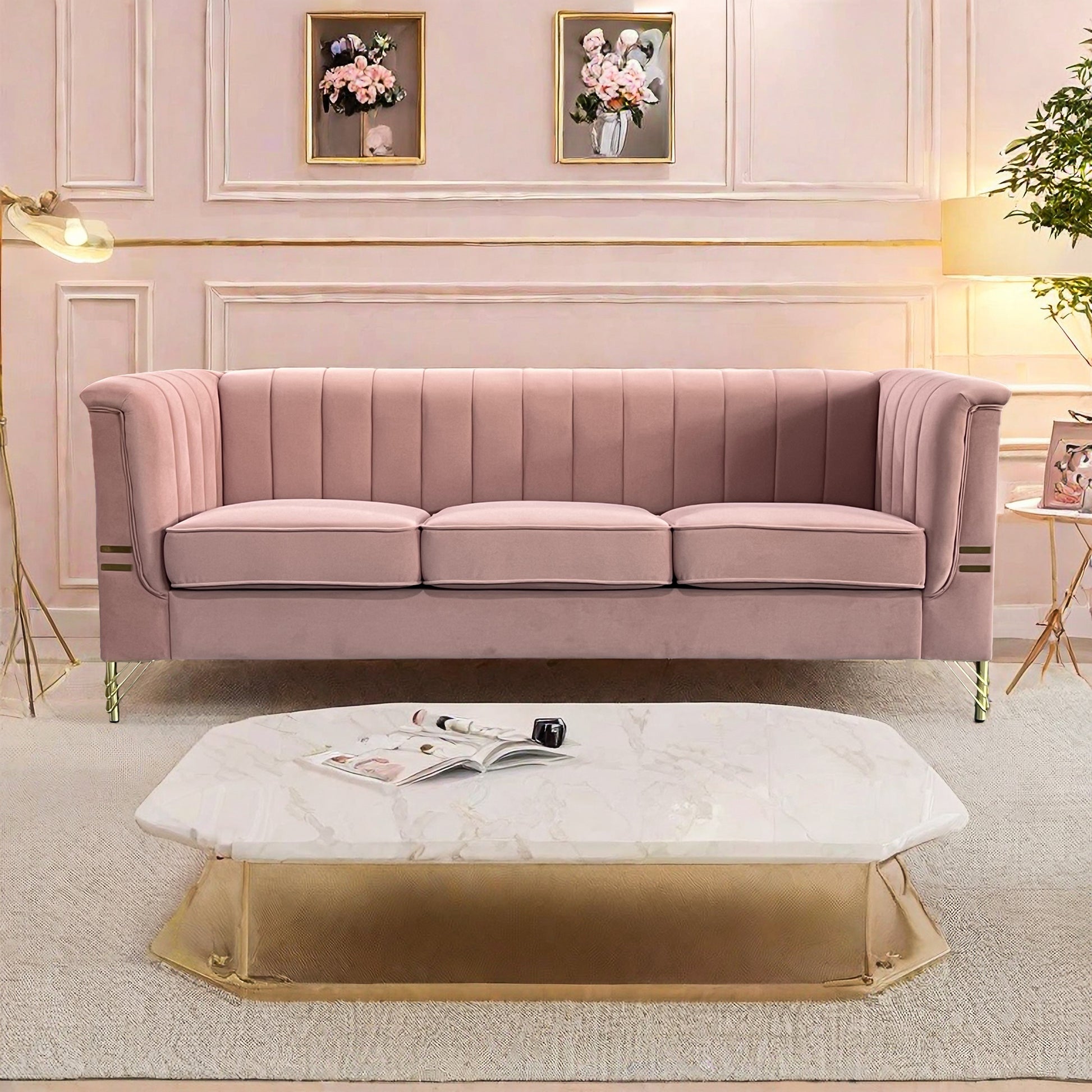 Fx P82 Pk Sofa Modern Designs Velvet Upholstered Living Room Sofa, 3 Seat Sofa Couch With Golden Metal Legs For Home, Apartment Or Office Pink Sofa Pink Velvet 3 Seat