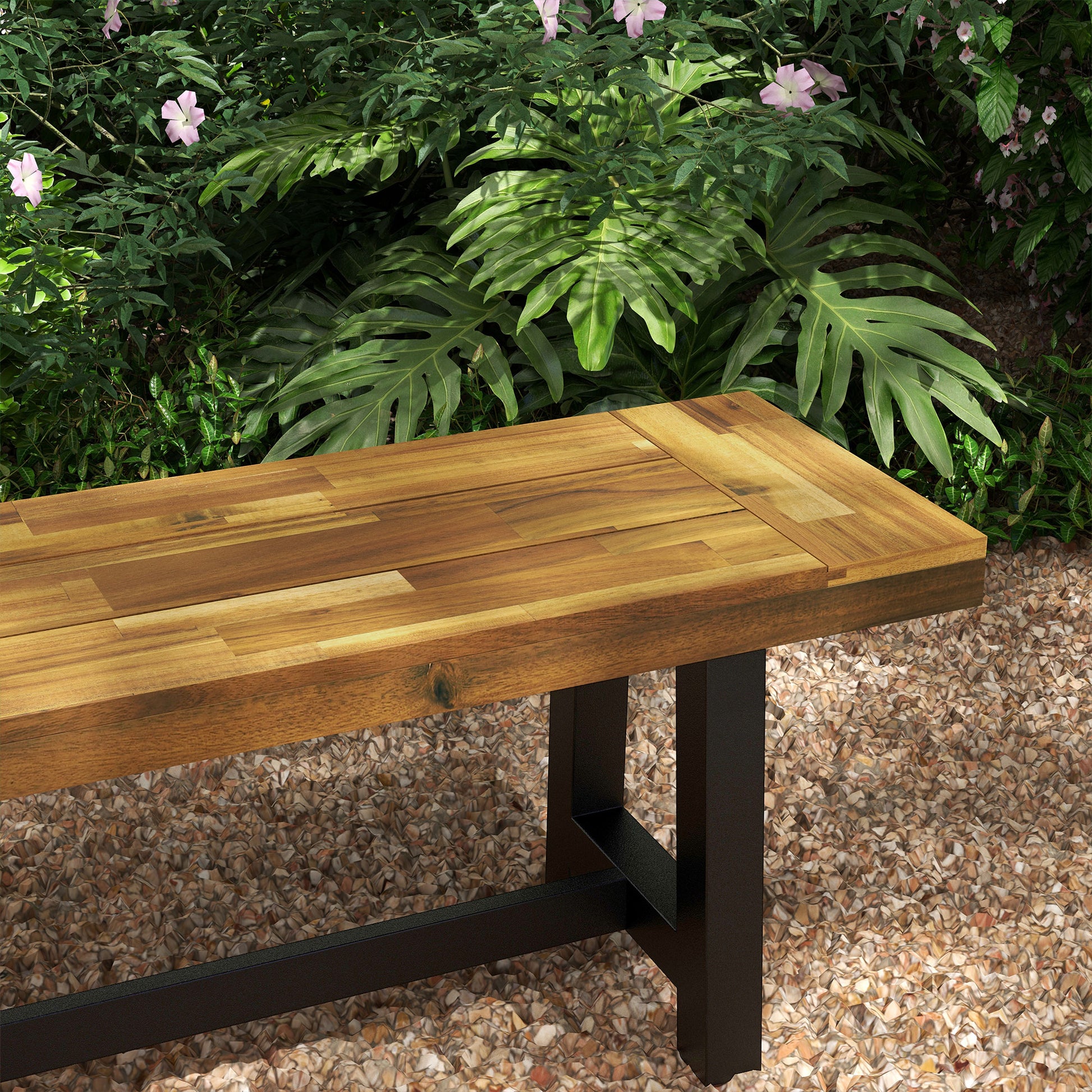 Outsunny Wooden Outdoor Garden Bench, Park Bench With Acacia Wood Seat, Front Porch Bench With Metal Frame For Conservatory, Poolside, Deck, 63" X 14.25" X 18", Natural Natural Steel