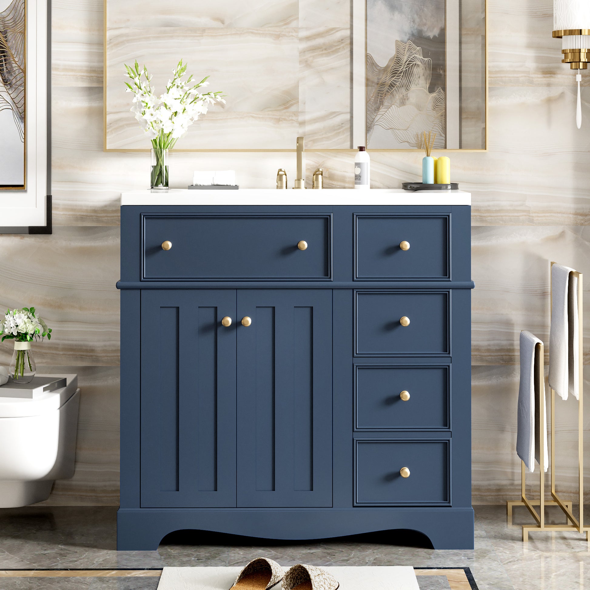 36'' Bathroom Vanity With Resin Sink Combo, Solid Wood Frame Bathroom Storage Cabinet, Freestanding Vanity Set With 3 Drawers& Adjustable Shelf Blue Bathroom Modern Solid Wood Mdf Resin