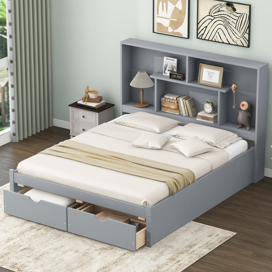 Queen Size Platform Bed With Storage Headboard And 2 Drawers, Gray Box Spring Not Required Queen Gray Wood Bedroom Bed Frame Solid Wood Mdf