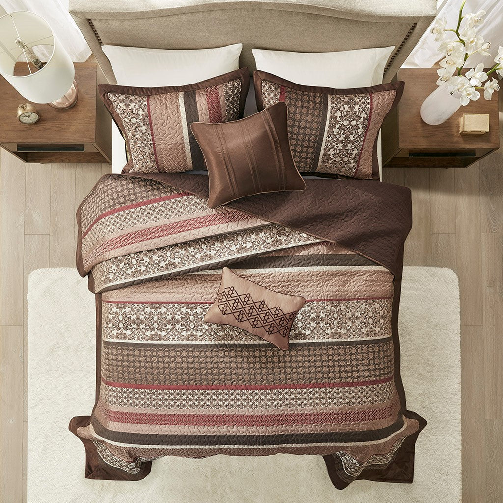 5 Piece Jacquard Quilt Set With Throw Pillows Red Full Queen Full Red Cotton
