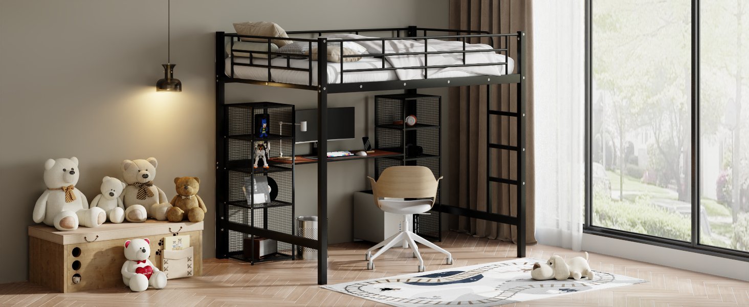 Full Size Metal Loft Bed With Built In Desk And Shelves, Black Brown Box Spring Not Required Full Black Brown Metal Bedroom Mdf Metal