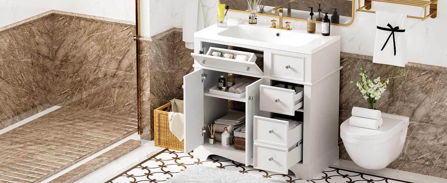 36'' Bathroom Vanity With Resin Sink Combo, Solid Wood Frame Bathroom Storage Cabinet, Freestanding Vanity Set With 3 Drawers& Adjustable Shelf White Bathroom Modern Solid Wood Mdf Resin