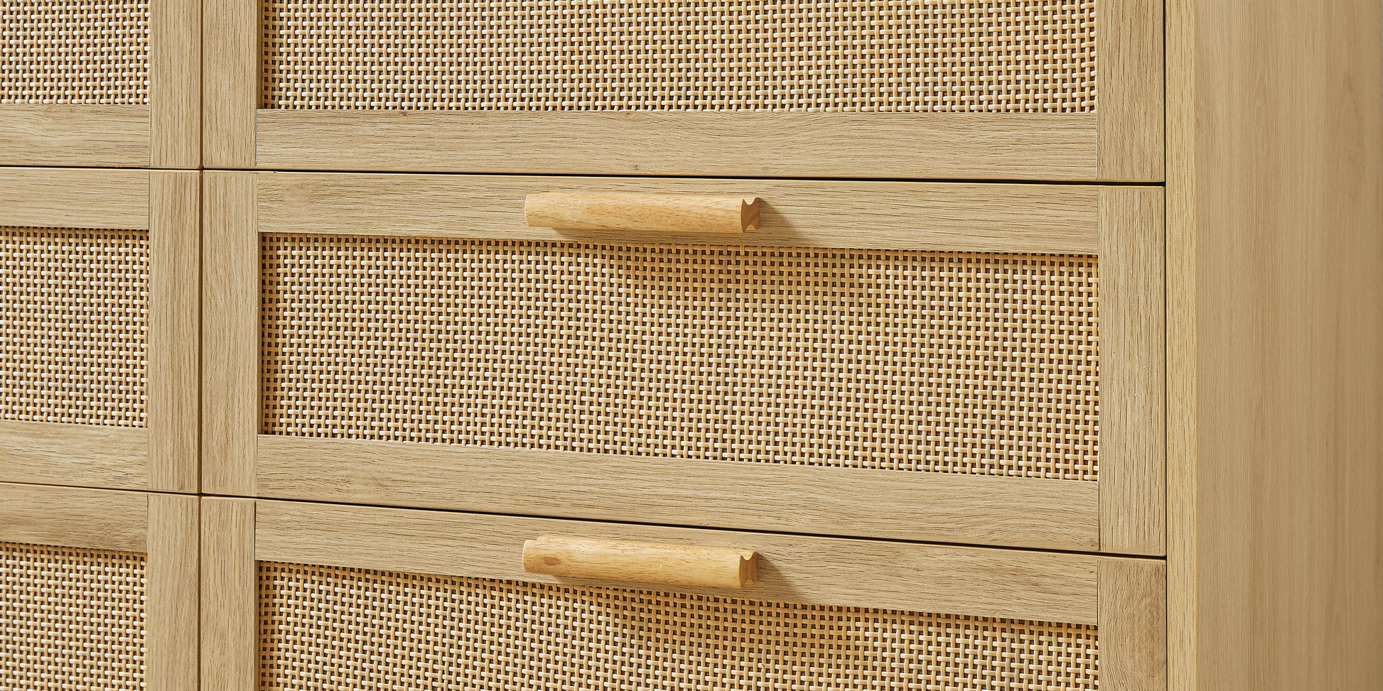 Bedroom Dresser, 8 Double Dresser With Rattan Drawers, Wood Chest Of Drawers For Kids Room, Living Room, Entry And Hallway, Natural, 47.2''W X 15.8''D X 37.4''H. Natural Particle Board