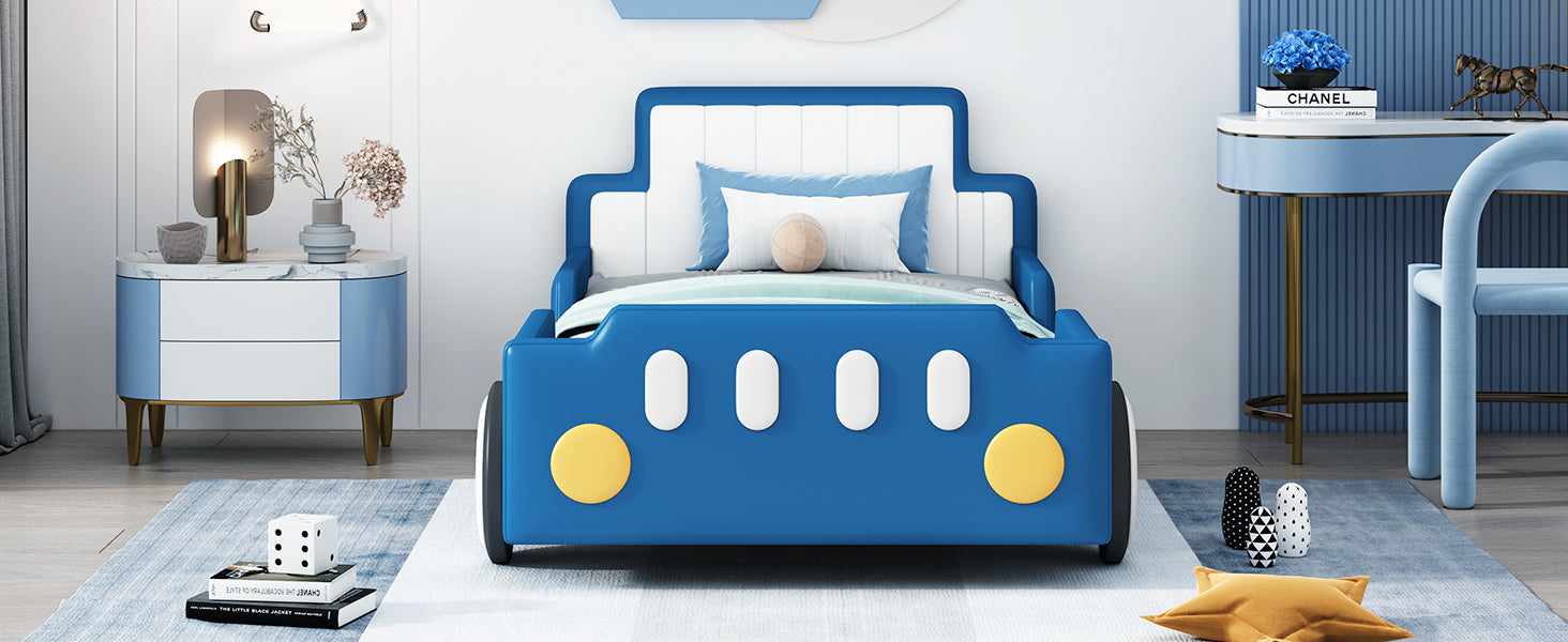 Twin Size Race Car Shaped Platform Bed With Wheels,Blue Twin Blue Pu Leather