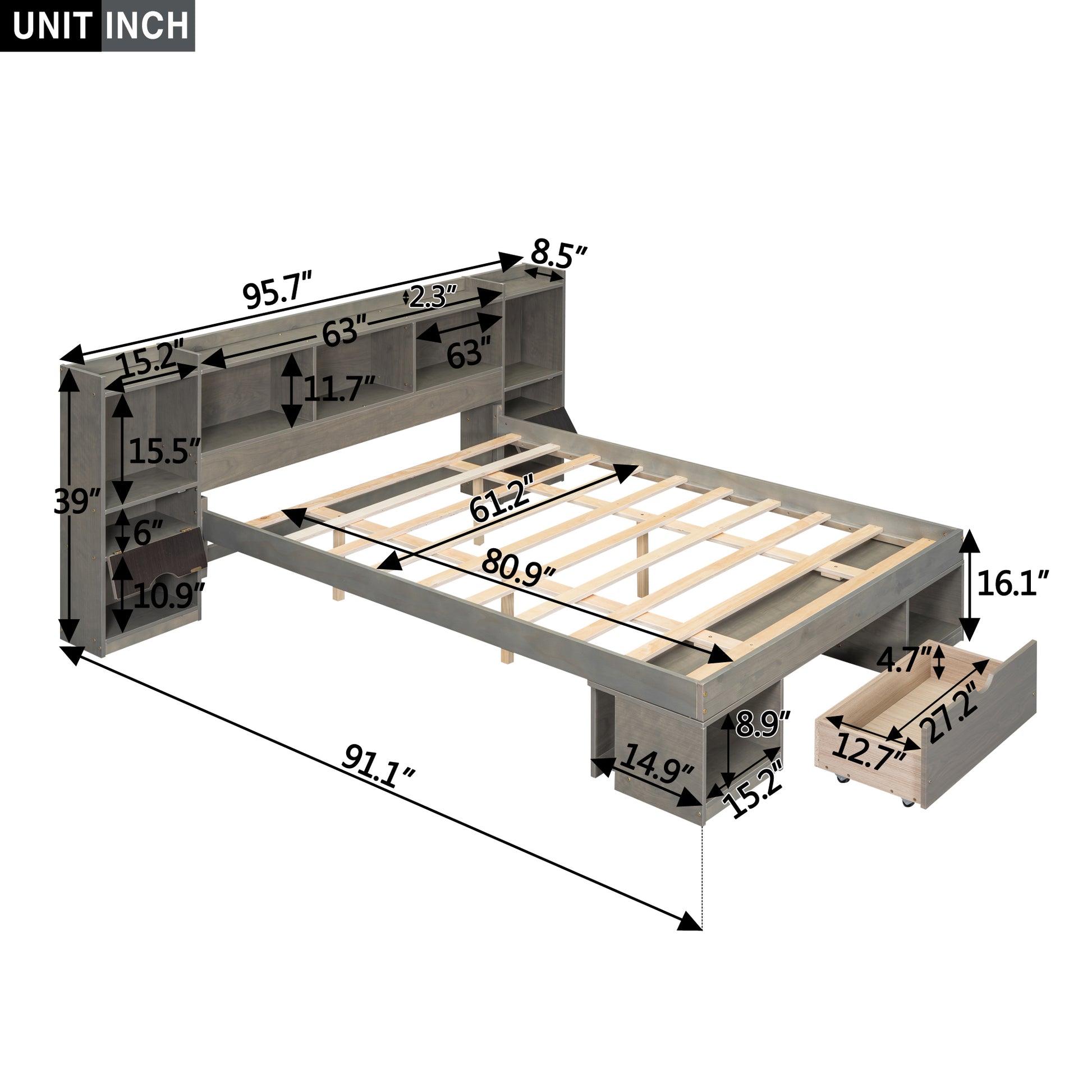 Queen Size Wood Platform Bed With Multi Storage Headboard And A Drawer, Gray Box Spring Not Required Queen Gray Wood Bedroom Bed Frame Solid Wood Mdf