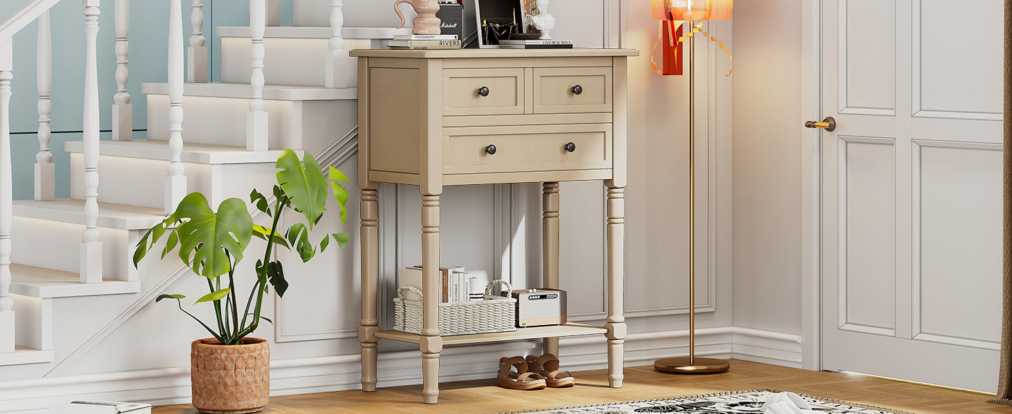 Narrow Console Table, Slim Sofa Table With Three Storage Drawers And Bottom Shelf Beige Beige Solid Wood Mdf