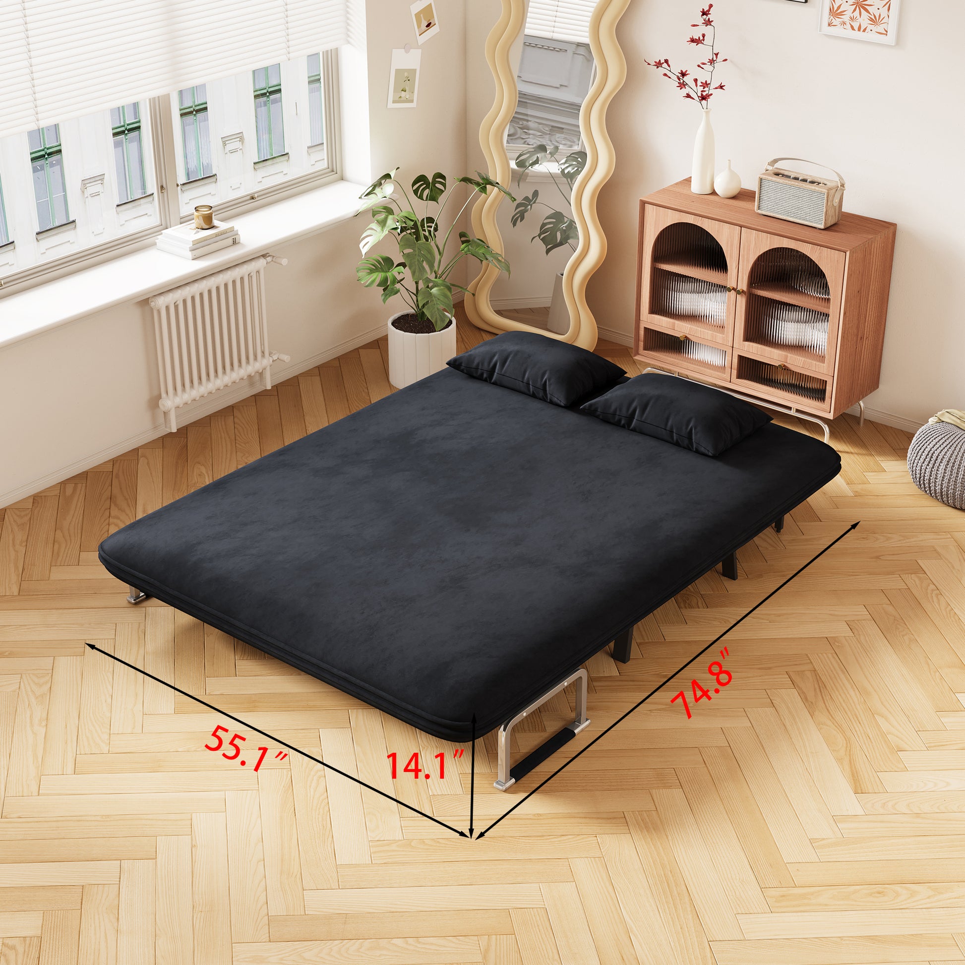 Velvet Black 55 Convertible Chair Bed, Tri Fold Sofa Bed With Adjustable Backrest & Pillow, Leisure Chaise Lounge Couch With Sturdy Steel Frame For Home & Office, Comfortable Sleeper Chair Black Velvet Metal Primary Living Space Medium Firm Contemporary