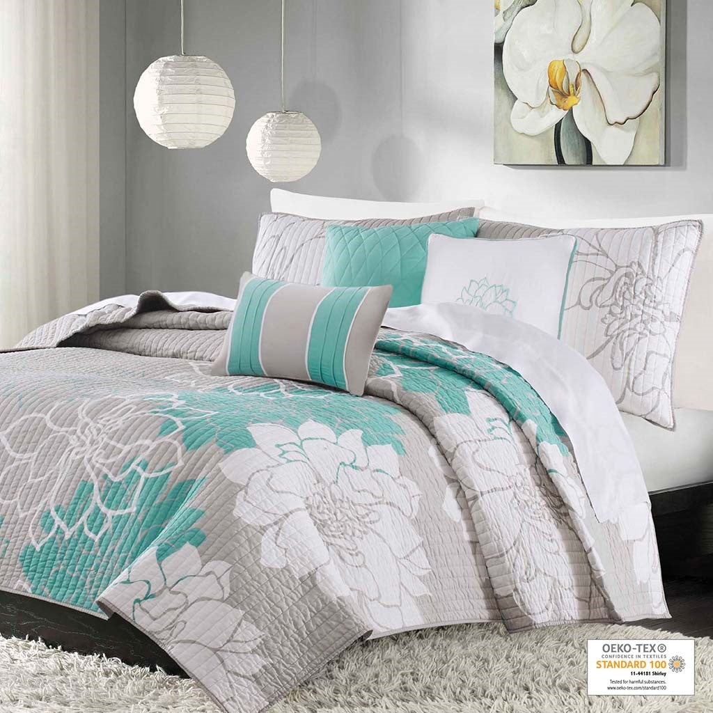 6 Piece Printed Cotton Quilt Set With Throw Pillows Aqua Full Queen Full Aqua Polyester