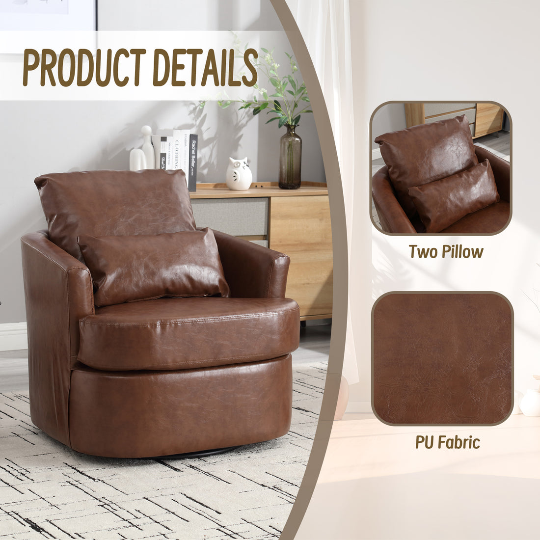 Coolmore Swivel Barrel Chair, Comfy Round Accent Sofa Chair For Living Room, 360 Degree Swivel Barrel Club Chair, Leisure Arm Chair For Nursery, Hotel, Bedroom, Office, Lounge Brown Pu Brown Pu