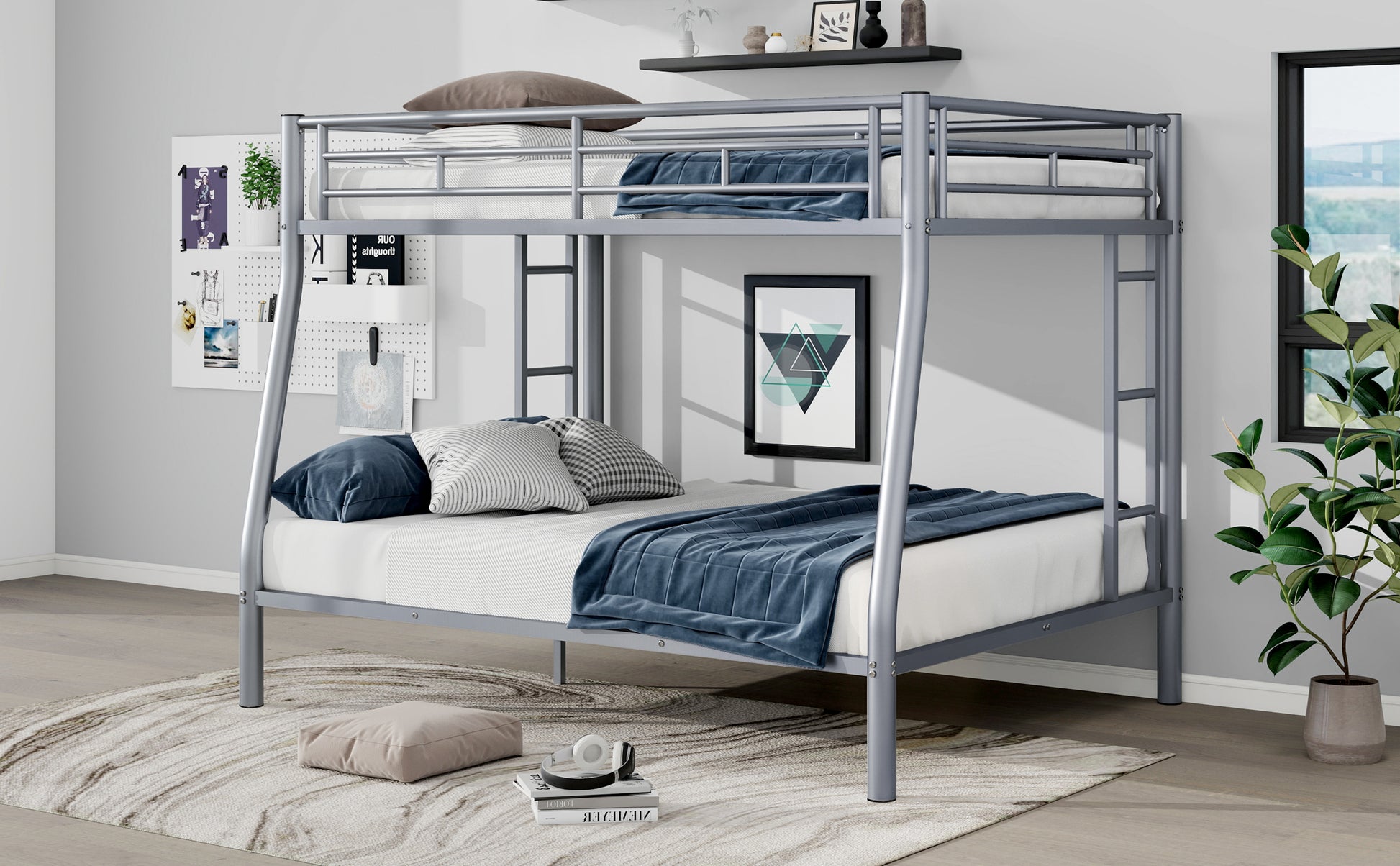 Full Xl Over Queen Metal Bunk Bed With Ladder And Guardrails, Silver Box Spring Not Required Full Xl Silver Metal Metal