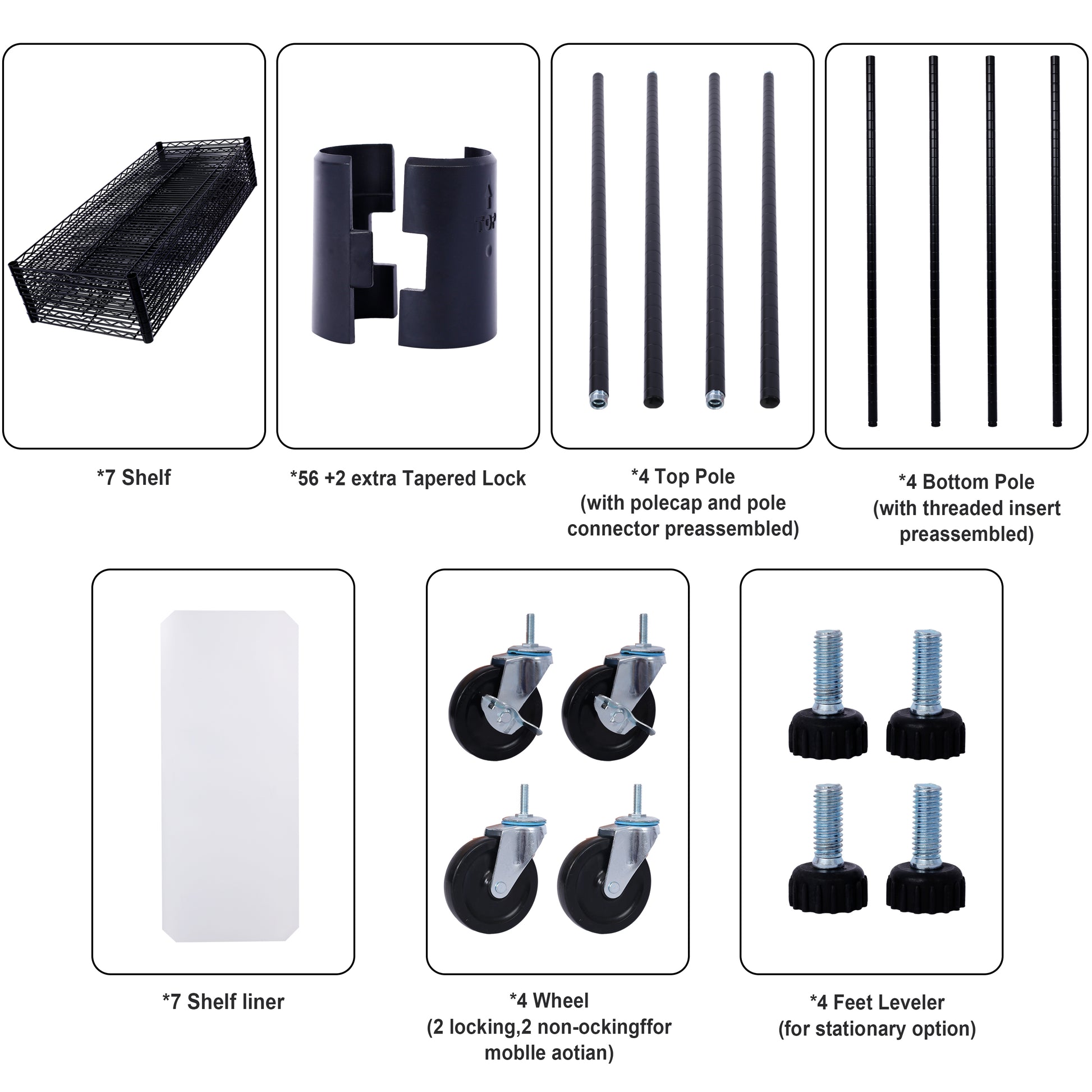 7 Tier Metal Shelf Wire Shelving Unit, 2450Lbs Heavy Duty Adjustable Storage Rack With Wheels & Shelf Liners For Closet Kitchen Garage Basement Commercial Shelving 81.5" H X 48" L X 18" D Black Black Metal