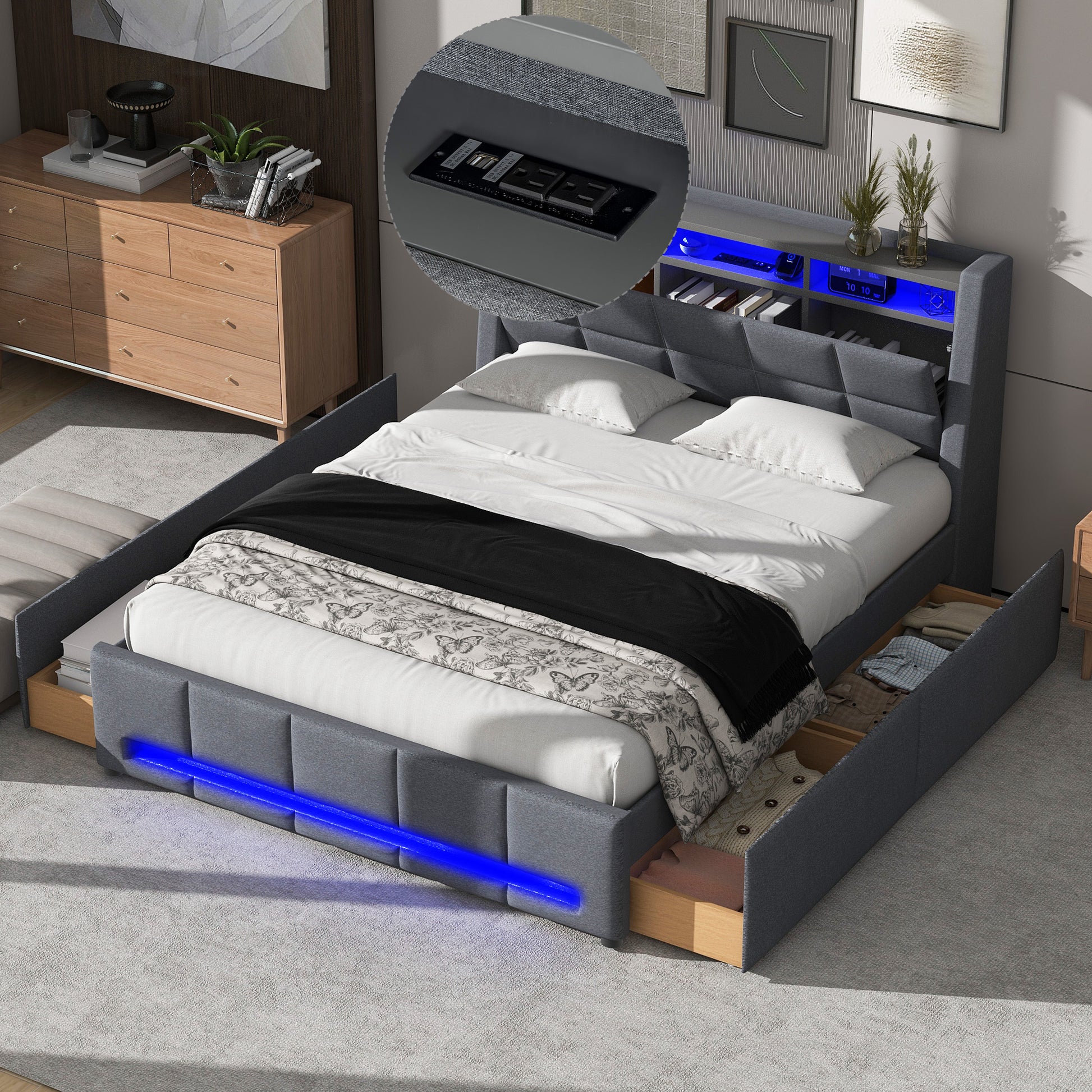 Full Size Upholstered Platform Bed With Storage Headboard, Led, Usb Charging And 4 Drawers, Gray Full Box Spring Not Required Gray Wood Linen Upholstered