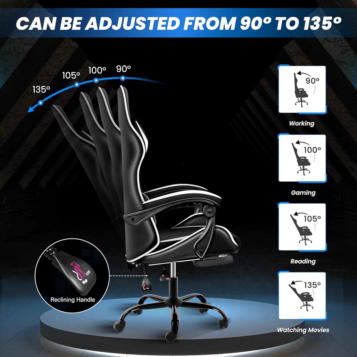 Gaming Chair With Footrest, Big And Tall Gamer Chair, Racing Style Adjustable Swivel Office Chair, Ergonomic Video Game Chairs With Headrest And Lumbar Support White Black Faux Leather