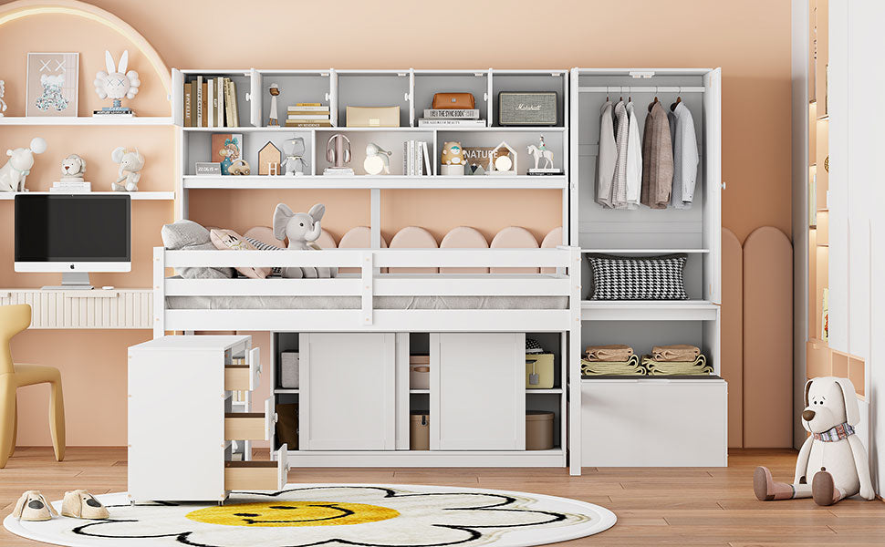 Full Size Wooden Loft Bed Big Storage With Under Bed Desk, With Drawers, With Shelves, White Full White Plywood