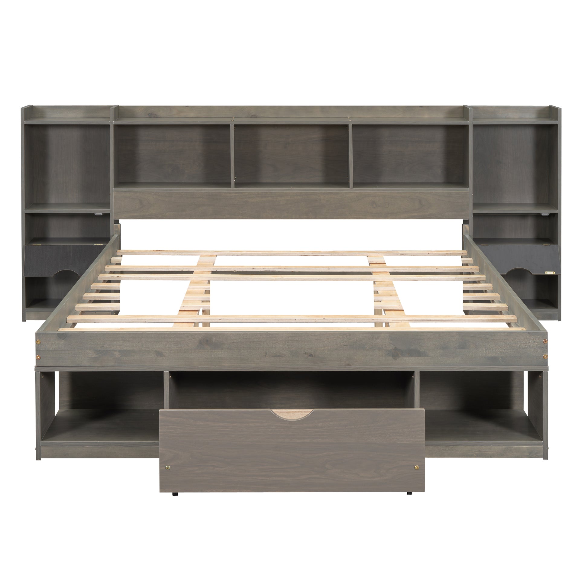 Queen Size Wood Platform Bed With Multi Storage Headboard And A Drawer, Gray Box Spring Not Required Queen Gray Wood Bedroom Bed Frame Solid Wood Mdf