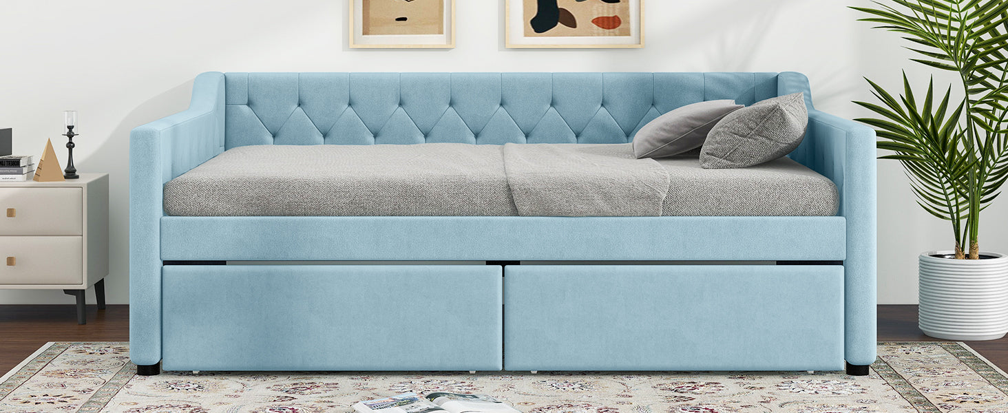 Full Size Upholstered Tufted Daybed With 2 Drawers, Blue Box Spring Not Required Full Blue Wood Daybeds Velvet Upholstered