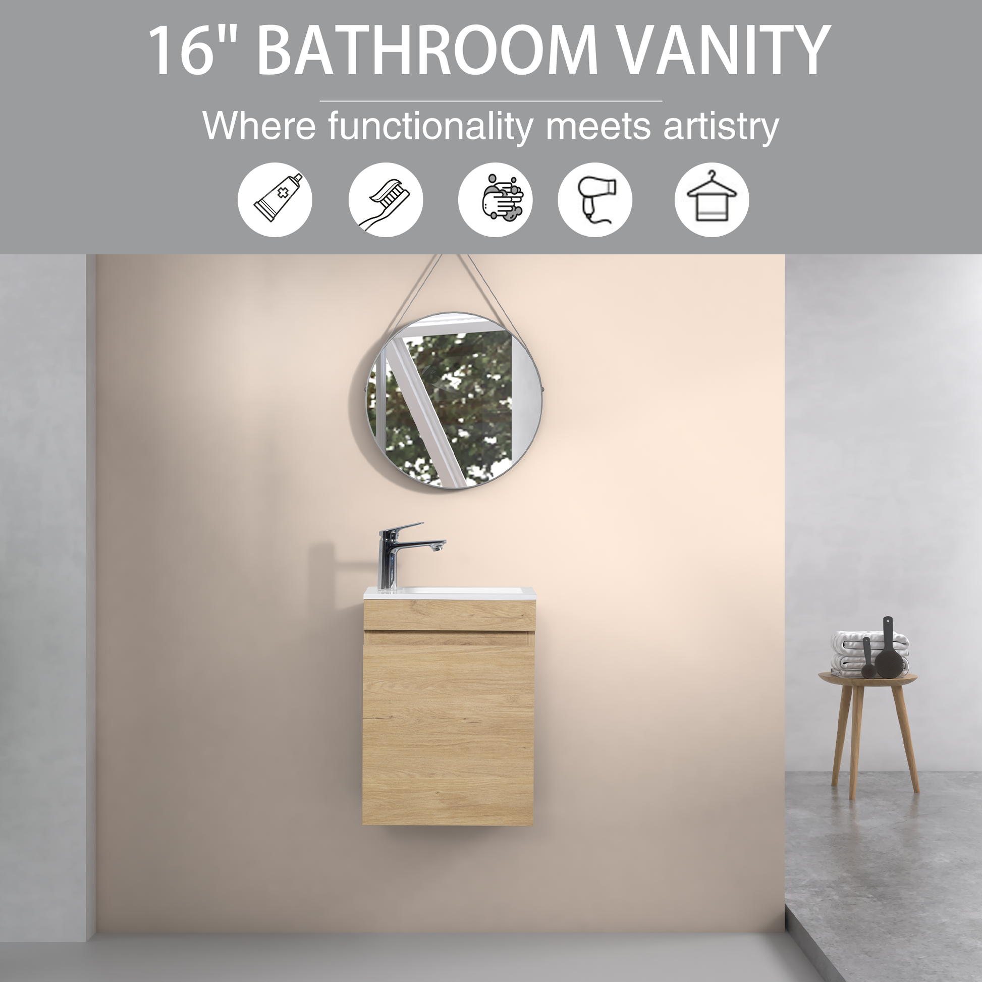 16" Floating Bathroom Vanity With Sink, Wall Mounted Small Bathroom Storage Vanity Cabinet With Resin Top Basin And Soft Close Doors, Natural Oak 24V11 16No Oak Plywood