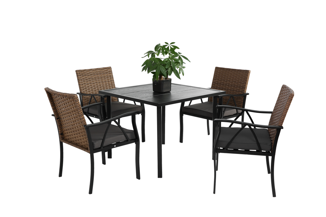 5 Piece Wicker Outdoor Table And Chairs, Patio Dining Set W Square Steel Tabletop And Umbrella Hole, Patio Table And Chairs Set For Backyard Deck Balcony Front Porch Brown Gray Cotton Steel