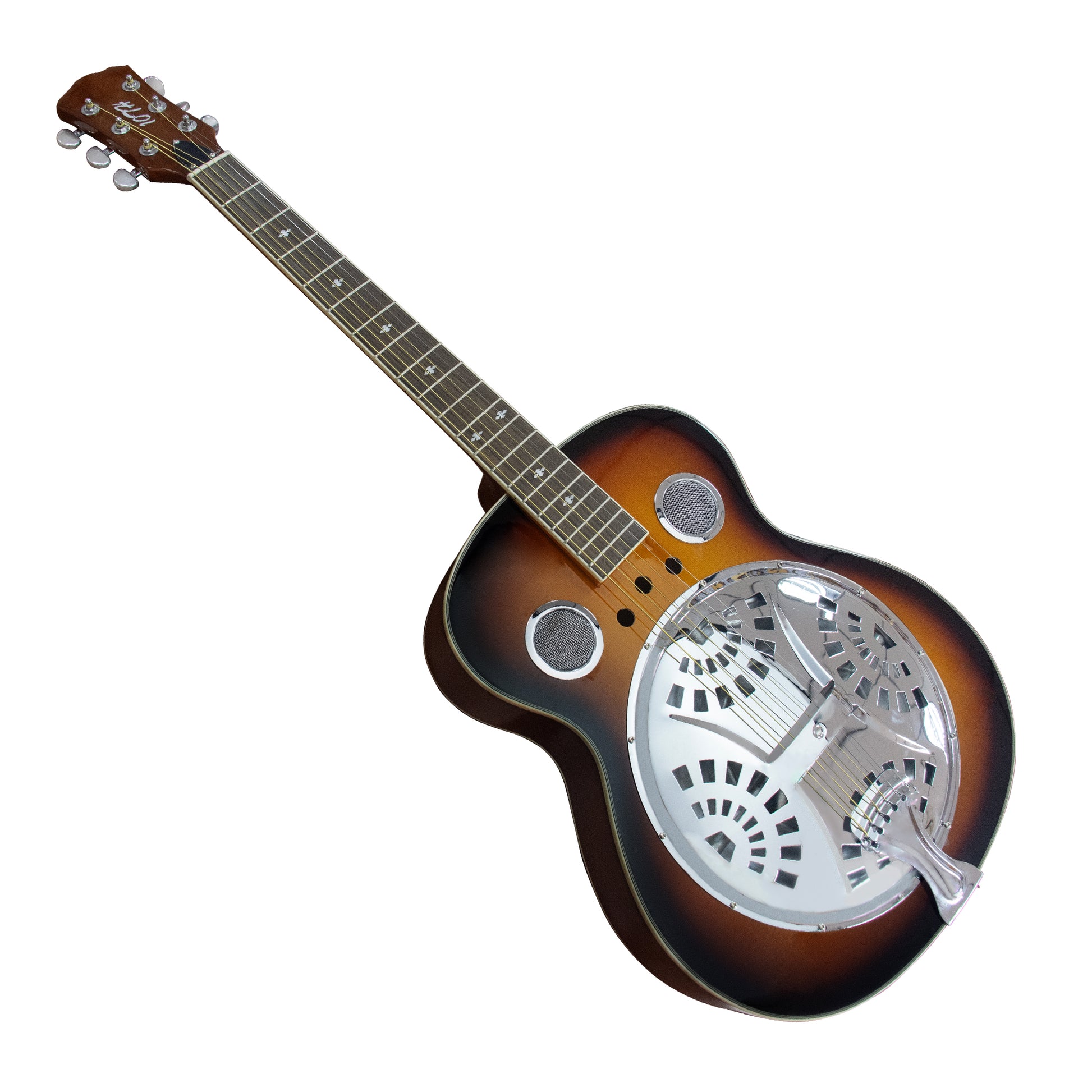 Beginner Metal Resonator Guitar, Full Size Circular Neck Traditional Resonator, Built In Preamplifier Black Brown Wood