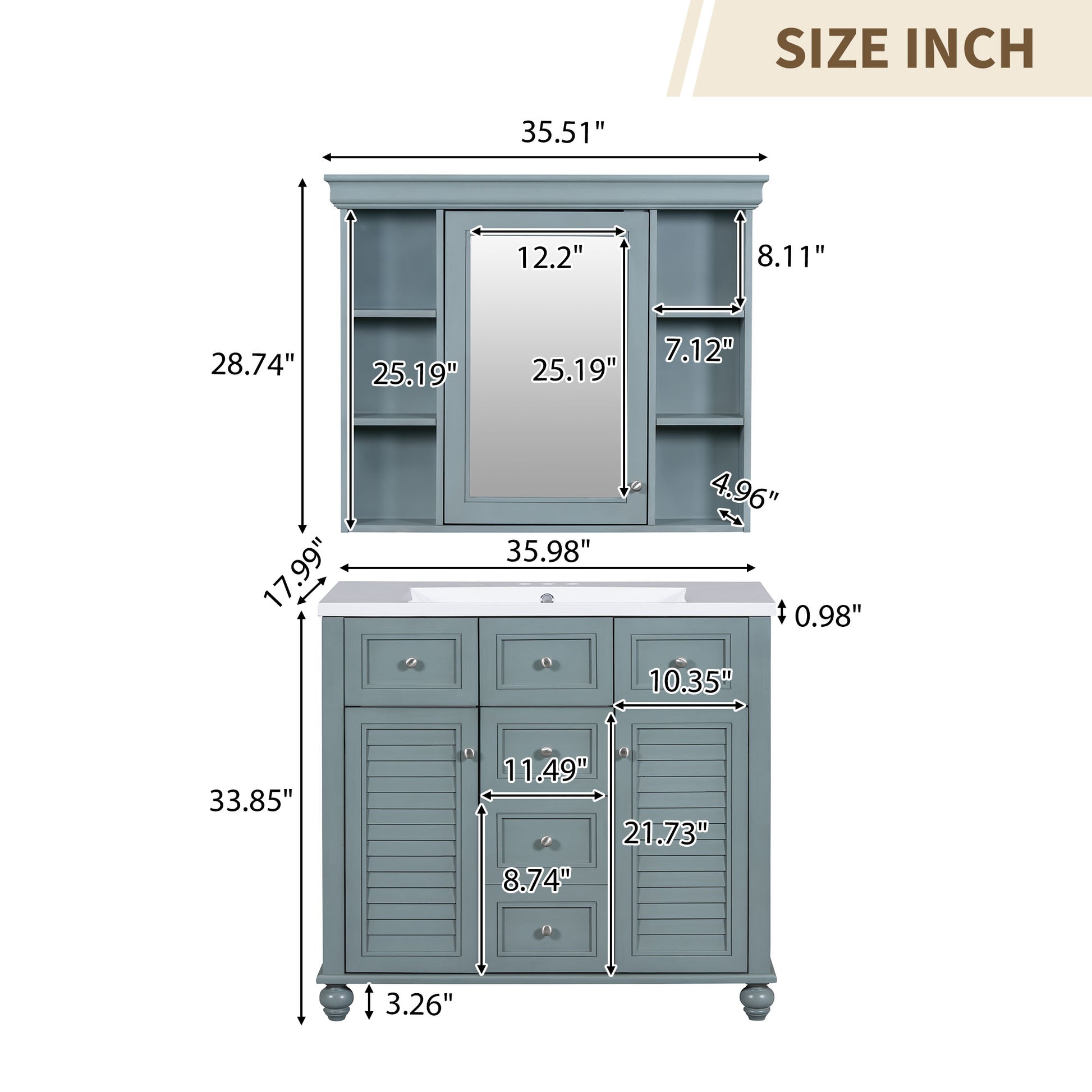36'' Bathroom Vanity With Medicine Cabinet, Modern Mirror Cabinet With Adjustable Shelf, Bathroom Storage Cabinet With 2 Soft Closing Doors And 2 Drawers, Bathroom Vanity With Cabinet Door Organizers 2 Blue 2 Bathroom Freestanding French Country Solid