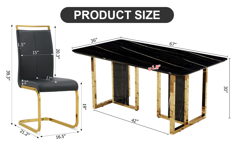 Table And Chair Set. Modern Dining Table With Mdf Top And Beautiful Mdf Legs. Equipped With Comfortable Pu Chairs And Metal Legs. Suitable For A Wide Range Of Decorative Styles. Black Seats 6 Mdf